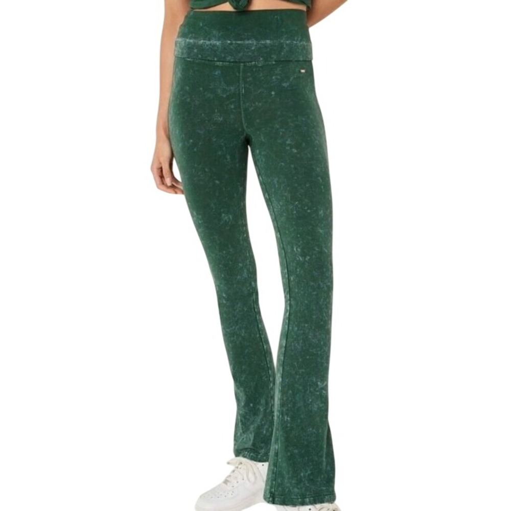 VICTORIA'S SECRET PINK Women XXL Green Acid Wash Cotton Foldover Flare Leg Pants